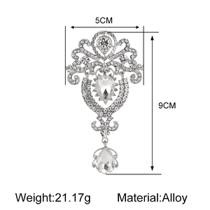 Detail showing dimensions of vintage silver crystal crown brooch with pear-shaped drop