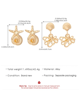 Detailed view showing dimensions and weight of gold alloy starfish and octopus earrings