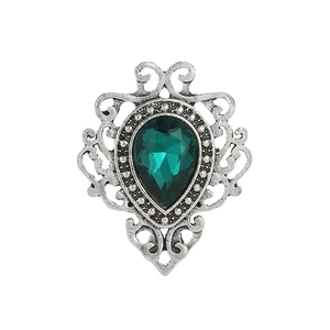 Vintage Baroque emerald water drop brooch with silver openwork lace and crystals