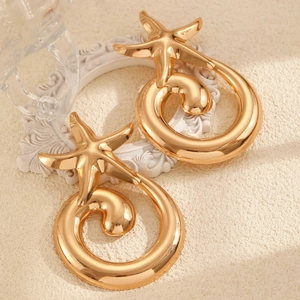 Detailed macro shot of golden starfish earrings with polished alloy spiral design