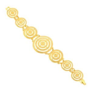 Detailed view of gold multi-layered circular links bracelet with intricate woven texture