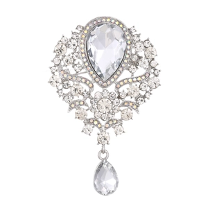 Elegant Victorian style crystal brooch with silver alloy base and teardrop pendant