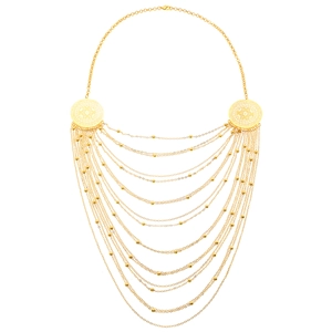 Detailed view of Middle Eastern style gold metal body chain with hollow flower discs