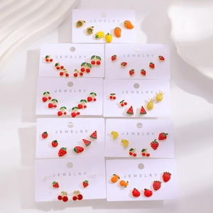 Colorful alloy fruit stud earring sets featuring strawberry watermelon and cherry designs