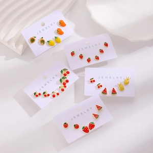 Summer alloy fruit earring set featuring strawberry and watermelon enamel designs