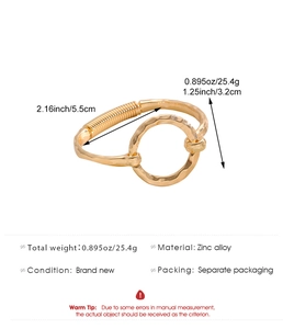 Detailed size and specs for the golden zinc alloy hammered cuff bracelet with ring detail