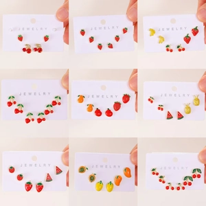 Summer Alloy Fruit Stud Earrings Set Cute Cherry Strawberry Watermelon Enameled Rhinestone Earrings For Women Jewelry Gift