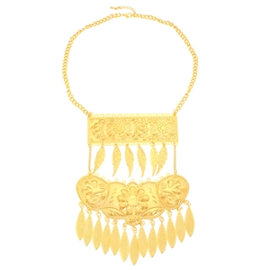 Ethnic vintage heavy gold metal multi-layered necklace with intricate floral carvings