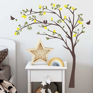 Creative lemon tree wall sticker with birds and green leaves for cozy bedroom decoration