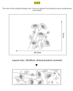 Size chart for hand-drawn sunflower wall decal showing 43.3x53cm display and 30x90cm layout