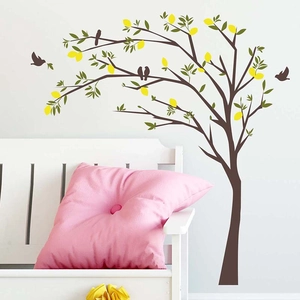 Creative lemon tree and flying birds wall decal for minimalist home interior decoration