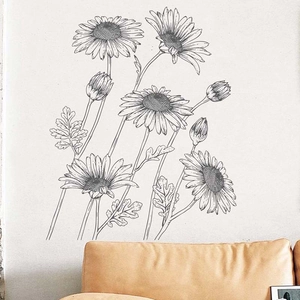 Minimalist Black White Sketch Daisy Flower Wall Sticker PVC Decorative Floral Line Art Mural Decal For Living Room Bedroom