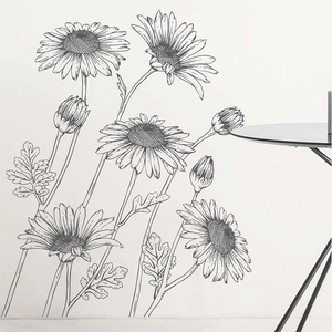 Minimalist hand-drawn sunflower wall sticker with black and white floral line art design