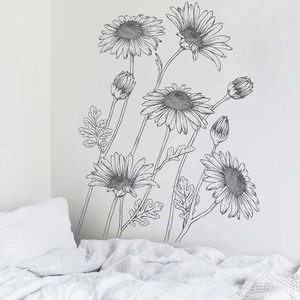 Sketch sunflower wall sticker with black line art for bedroom and living room decor