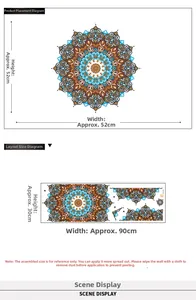 Detail view of mandala wall sticker dimensions showing 52x52cm finished size for decor
