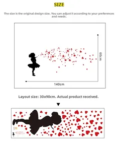 Detailed wall sticker layout and layout size showing little girl blowing heart bubbles