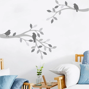 Minimalist grey bird and tree branch wall decals for modern living room home decoration