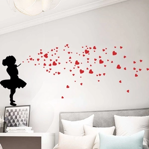 Romantic Little Girl Blowing Red Hearts Silhouette Wall Sticker PVC Waterproof DIY Home Decor For Bedroom Living Room