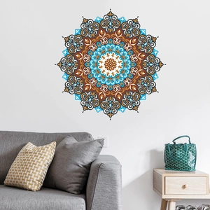 Symmetric mandala wall sticker in blue and brown for modern living room decor