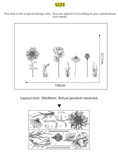 Size chart for black sketch sunflower wall decals showing 160x67cm layout dimensions