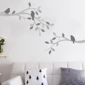 Minimalist grey tree branch and bird wall decals for modern living room home decoration