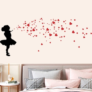 Romantic wall sticker with a girl silhouette blowing red hearts for home bedroom decor