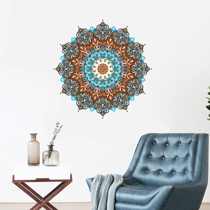 Bohemian mandala wall sticker with blue geometric floral patterns for living room decor