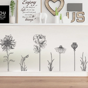 Sketched sunflower and daisy wall decals in minimalist grey for home decoration