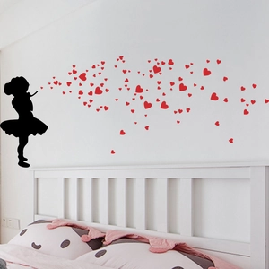 Girl blowing heart bubbles wall decal stickers for creative bedroom wall decor