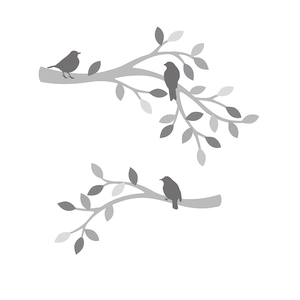 Detail of grey bird and tree branch wall decals with minimalist silhouette design stickers