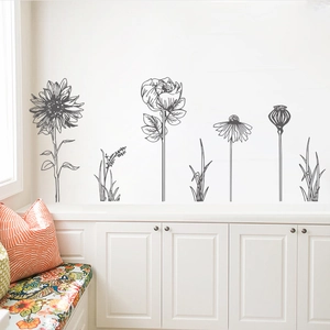 Minimalist black sunflower and poppy floral wall stickers for modern home wall decor