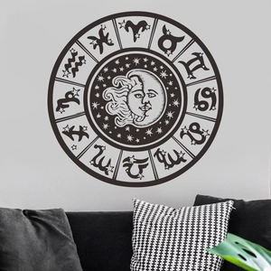 Self-adhesive round wall decal with sun moon design and twelve zodiac signs on gray wall