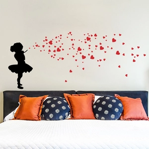 Creative wall sticker of a girl blowing red hearts for home bedroom wall decor