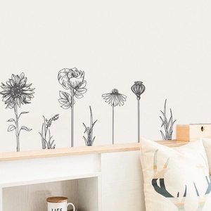 Black and white sketch sunflower wall decals set for minimalist bedroom wall decoration