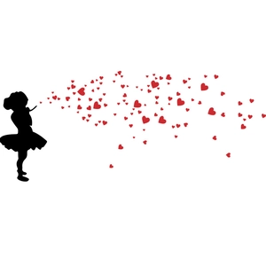 Detail of girl silhouette blowing red heart stickers on a white creative wall mural