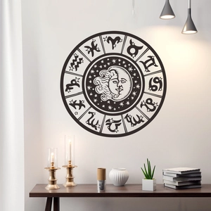 Vintage celestial sun moon wall sticker with twelve zodiac signs and starry patterns