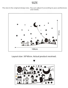 Detailed view of moon and stars wall sticker layout with 100x57cm finish dimensions