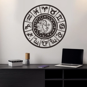 Self-adhesive black circular wall sticker with 12 zodiac signs and sun moon design