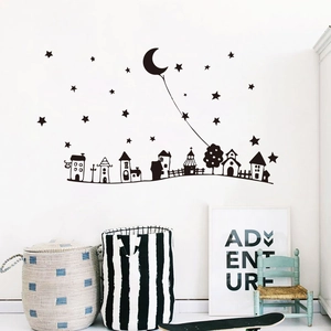 Cartoon Starry Night Moon Town Silhouette Wall Sticker PVC Waterproof DIY Home Decor For Kids Room Nursery Bedroom Black Decal