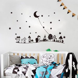 Cartoon star moon and town silhouette wall stickers for nursery and kids bedroom decor