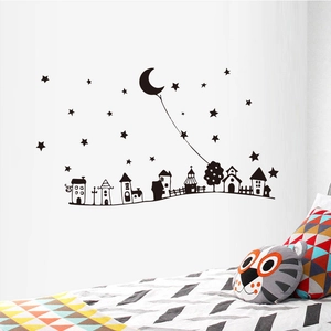 Black cartoon star and moon silhouette wall stickers for kids' bedroom decoration