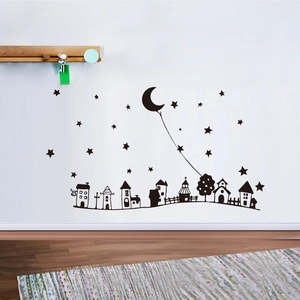 Cartoon star moon town wall sticker in black silhouette style for children room decor