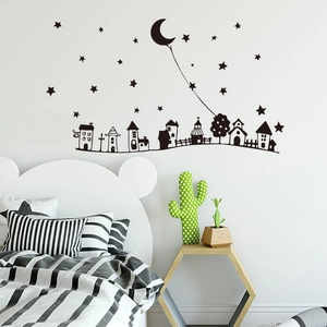 Cartoon starry night town wall sticker with black silhouette houses and crescent moon decor