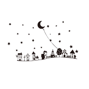 Detail of cartoon starry night town wall stickers with houses and moon in black lines