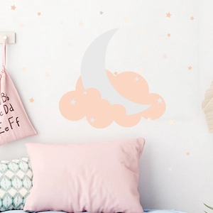Cartoon moon cloud and stars wall stickers for kids room decor in grey and pink