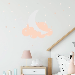 Pink and white moon and stars wall decals for a cozy nursery or children bedroom decor