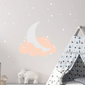Nursery wall stickers featuring moon, stars and clouds in minimalist Morandi tones