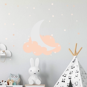 Nursery wall stickers featuring pink clouds, white crescent moon and stars for kids room decor