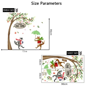 Size chart for fox and tree wall stickers showing 72x86cm finish size and layout dimensions