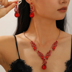 Elegant bridal jewelry set with red crystal pear-shaped necklace and drop earrings
